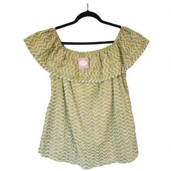 New Oliphant 100% Cotton Blouse Size Large Green Gold Off Shoulder Ruffled - Picture 2 of 7